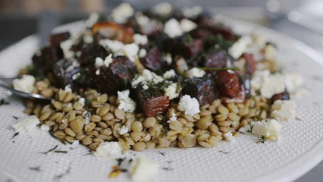 Roasted Beets & Lentils With “Caramelized” Onions, Dill & Marinated Feta